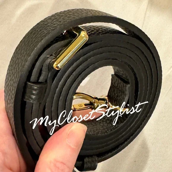 BANDOLIER Gold Crossbody Adjustable Buckle Strap NEW! Black Pebbled Leather - Picture 2 of 9